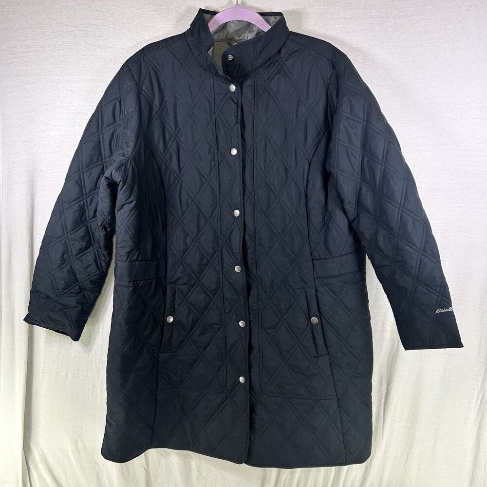 Eddie Bauer Women's 1X Long Jacket Black Snap Spring Coat Quilted Puffer